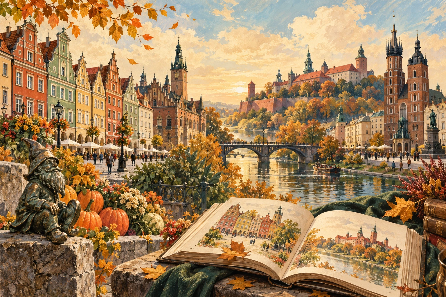 Montage illustré de Wrocław et Cracovie en automne, avec un nain de bronze, des citrouilles, des monuments et un livre ouvert.