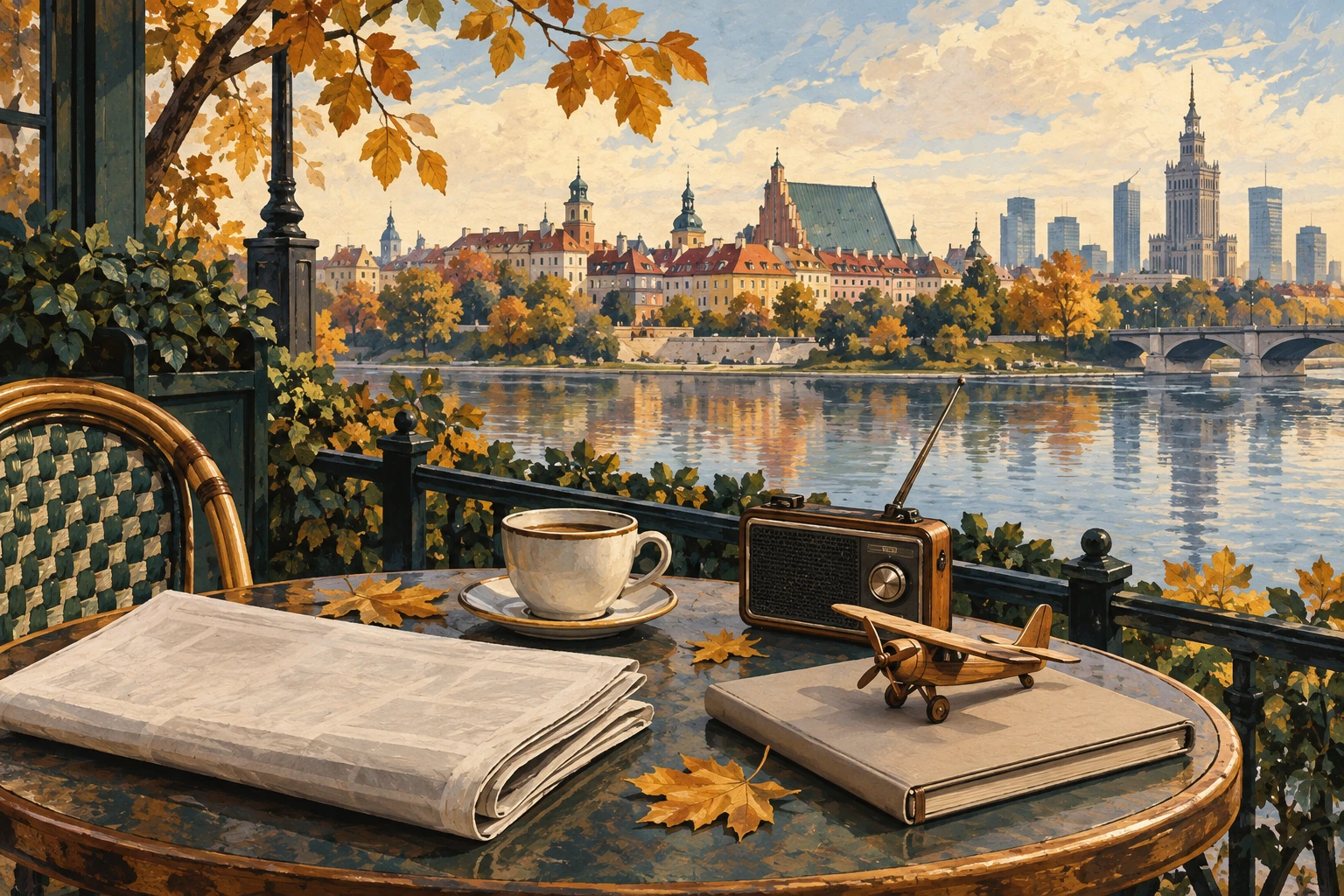 Illustration peinte d’une table de café devant Varsovie en automne, avec un journal, une radio et une petite maquette d’avion.