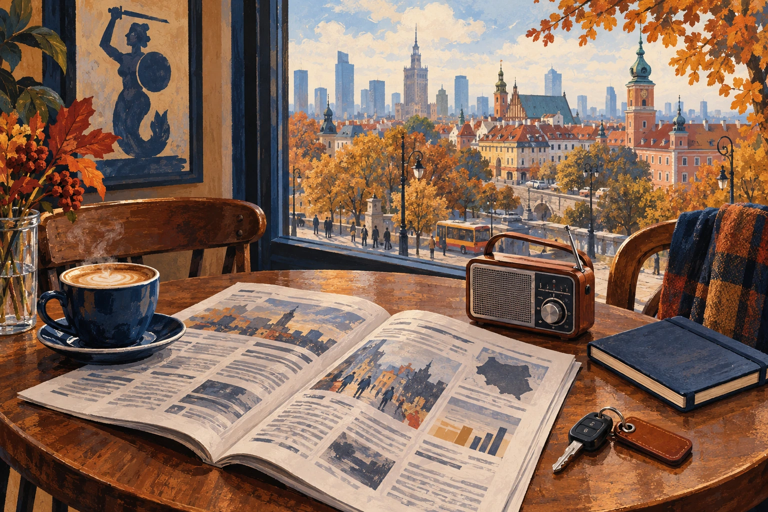 Composition peinte d’un journal et d’une radio dans un café de Varsovie en automne.