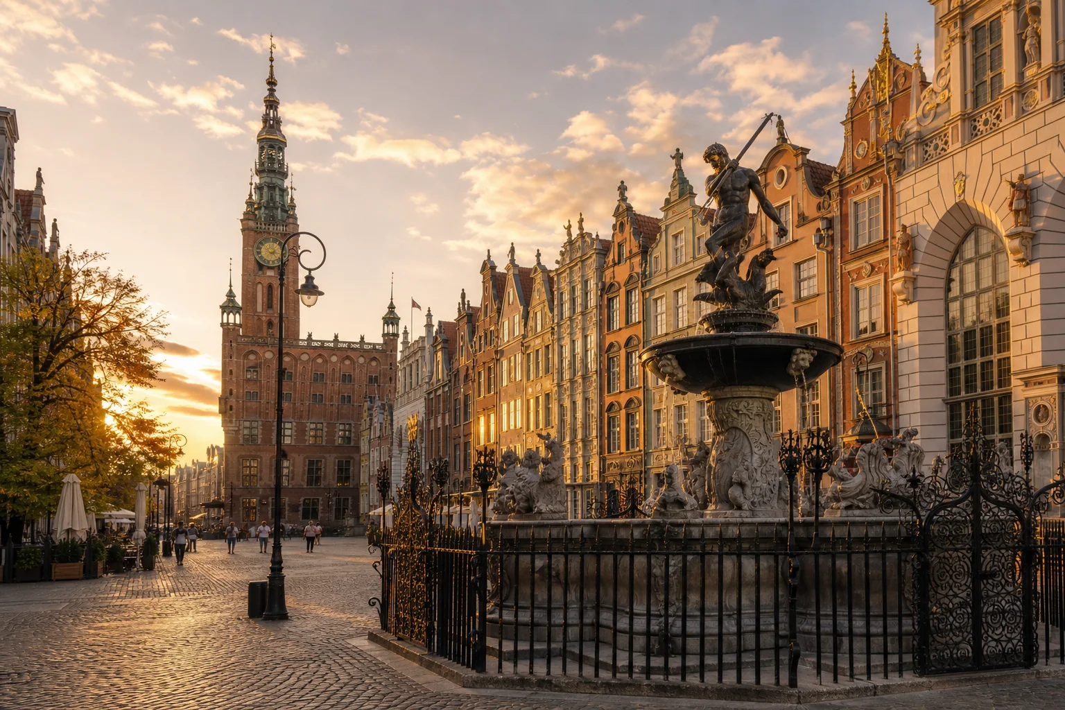 Fontaine de Neptune et façades historiques de Gdańsk